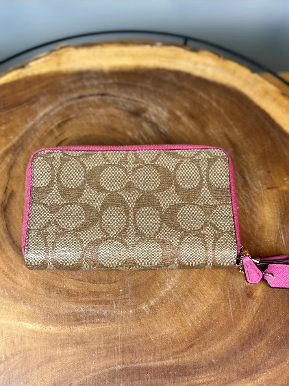 Coach Khaki & Pink Signature Double Zip Phone Wallet Wristlet